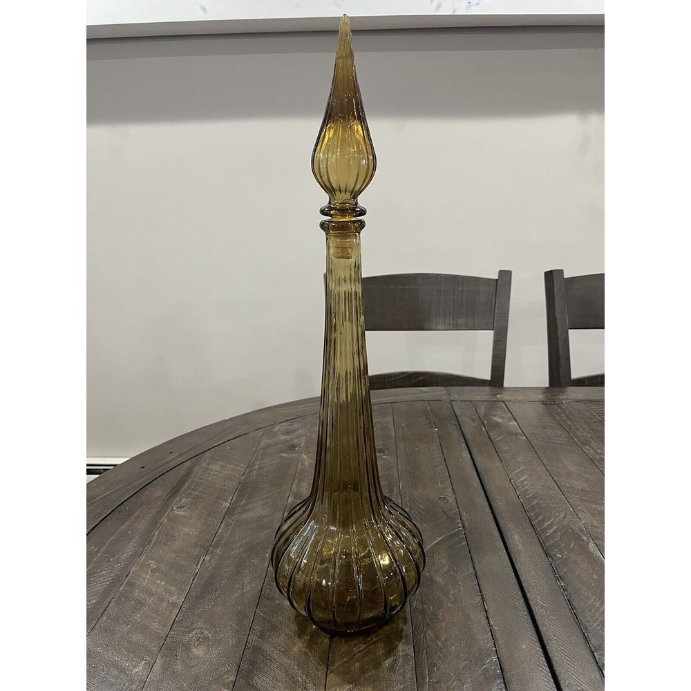 Empoli Dark Amber Glass 21" Ribbed Genie‎ Bottle Decanter With Stopper Italy